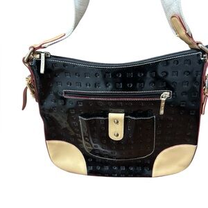 Arcadia Italian patent leather crossbody bag in black with tan trim